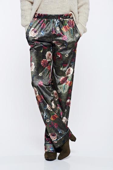 Pantaloni PrettyGirl khaki casual cu talie medie cu imprimeu floral