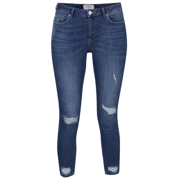 Blugi skinny albastri Miss Selfridge Petites cu talie inalta si aspect uzat