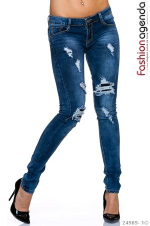 Jeans Evan lungi de culoarea bleumarin cu model rupt