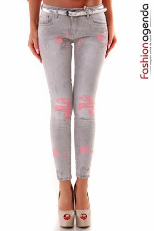 Blugi skinny gri cu imprimeu roz din material elastic Pink Spots