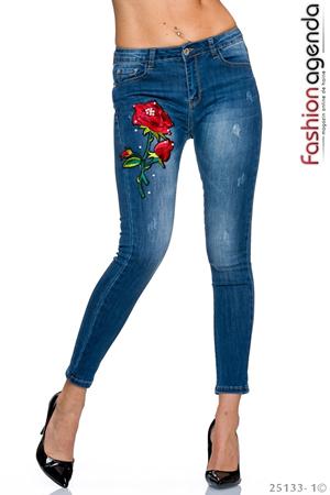 Blugi skinny eleganti albastri cu model brodat Rose Embroidery