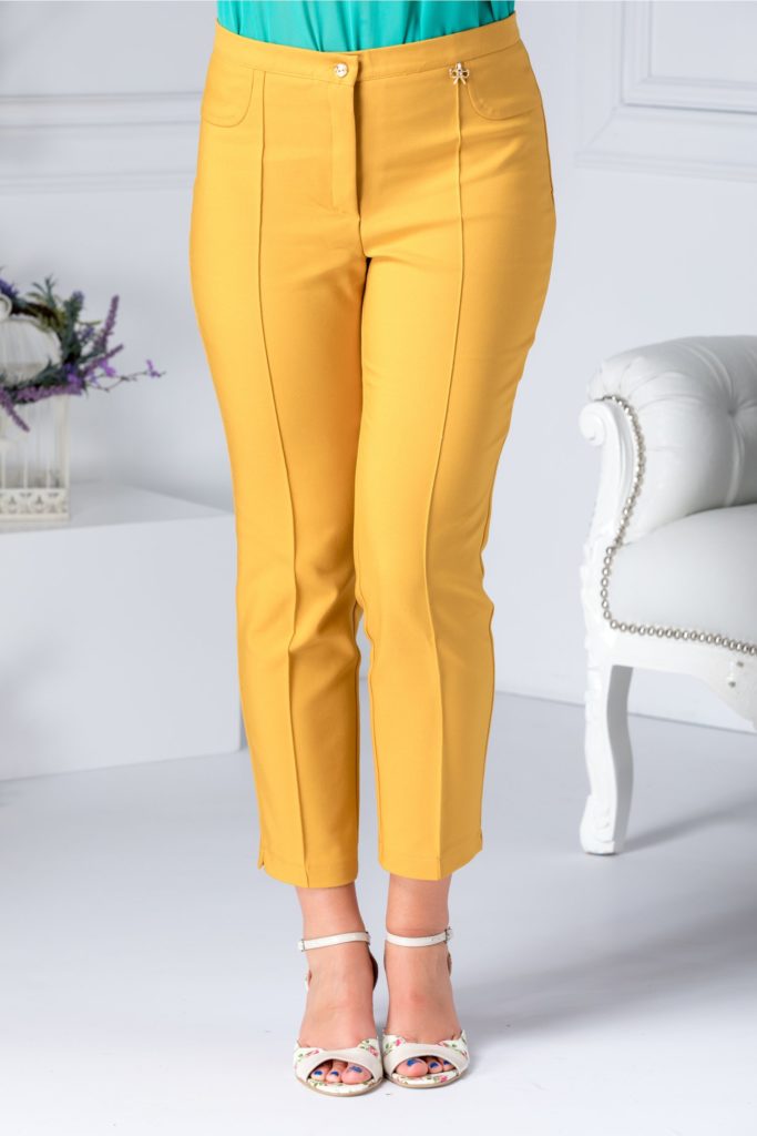 Pantalon galben mustar cu design cu dunga accesorizati cu o insertie metalica pe talie Dalida