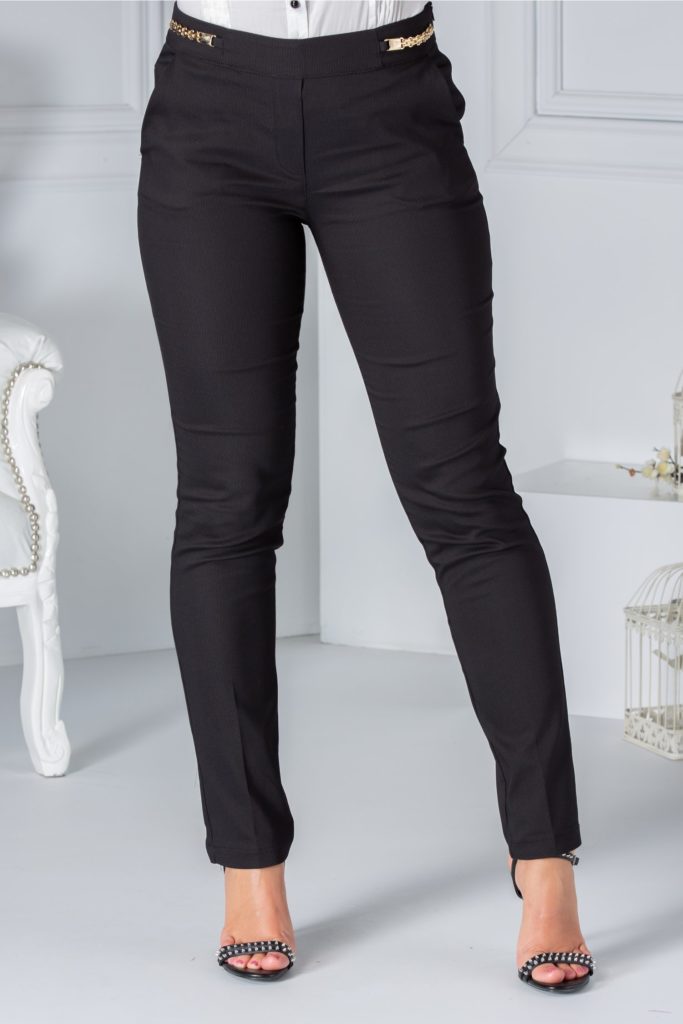 Pantaloni conici negri cu talie medie si aplicatii aurii pentru un look elegant si inedit la birou Fofy
