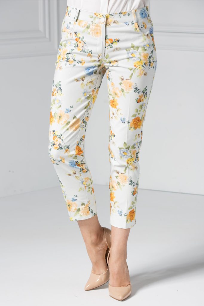 Pantalon gri din bumbac cu imprimeu floral oranj si inchidere cu un nasture