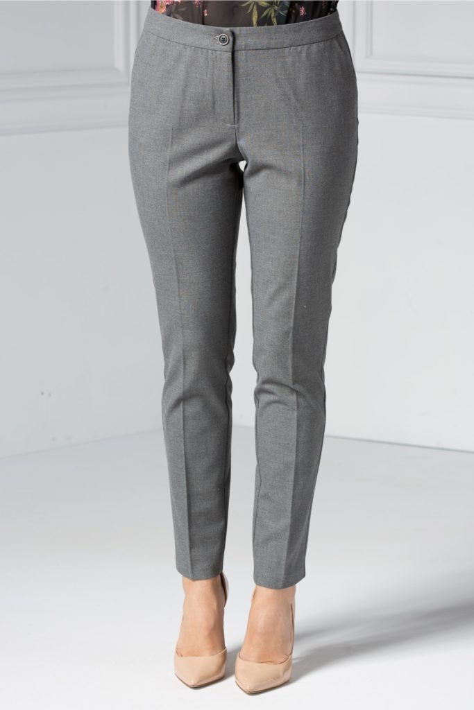 Pantaloni gri office din stofa cu croiala conica si buzunare laterale