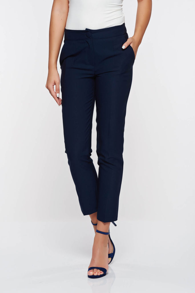 Pantaloni Artista albastri-inchis office conici cu talie medie din stofa usor elastica cu buzunare pentru femei cochete si elegante