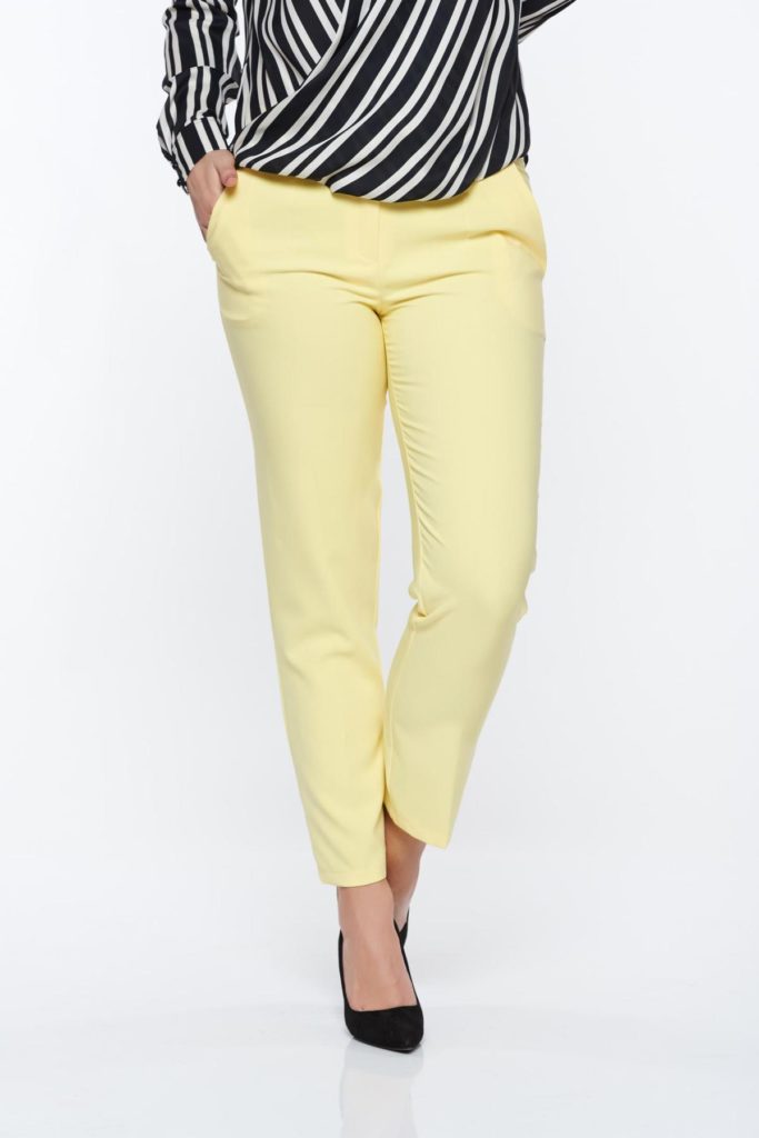 Pantaloni Artista galbeni office conici cu talie medie din stofa usor elastica cu buzunare pentru femei cochete si elegante