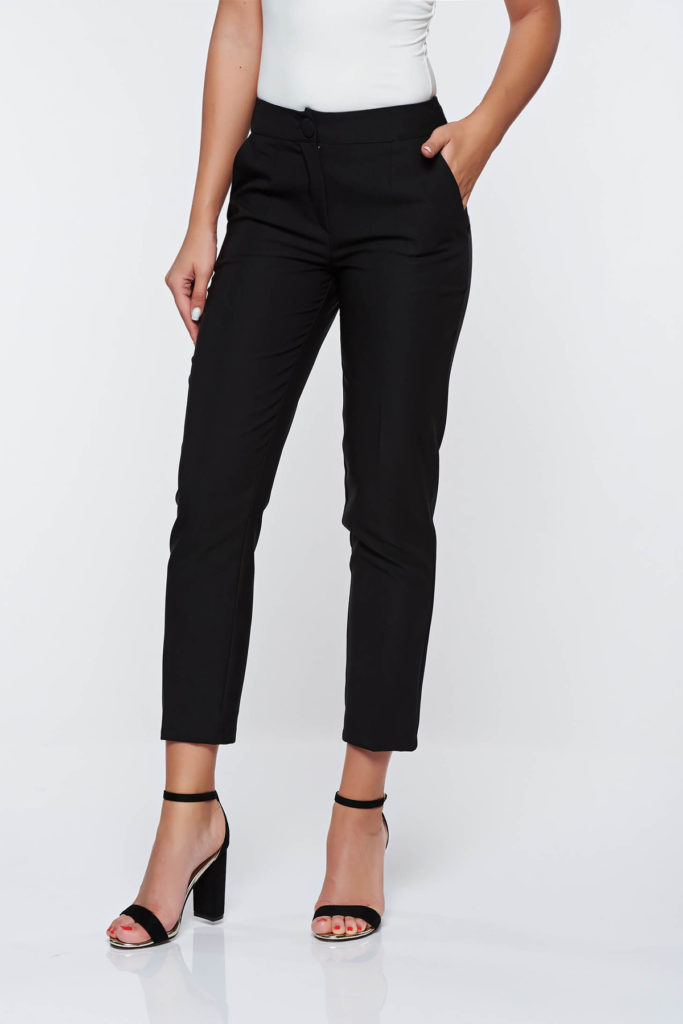 Pantaloni Artista negri office cu talie medie din stofa usor elastica cu buzunare pentru femei cochete si elegante