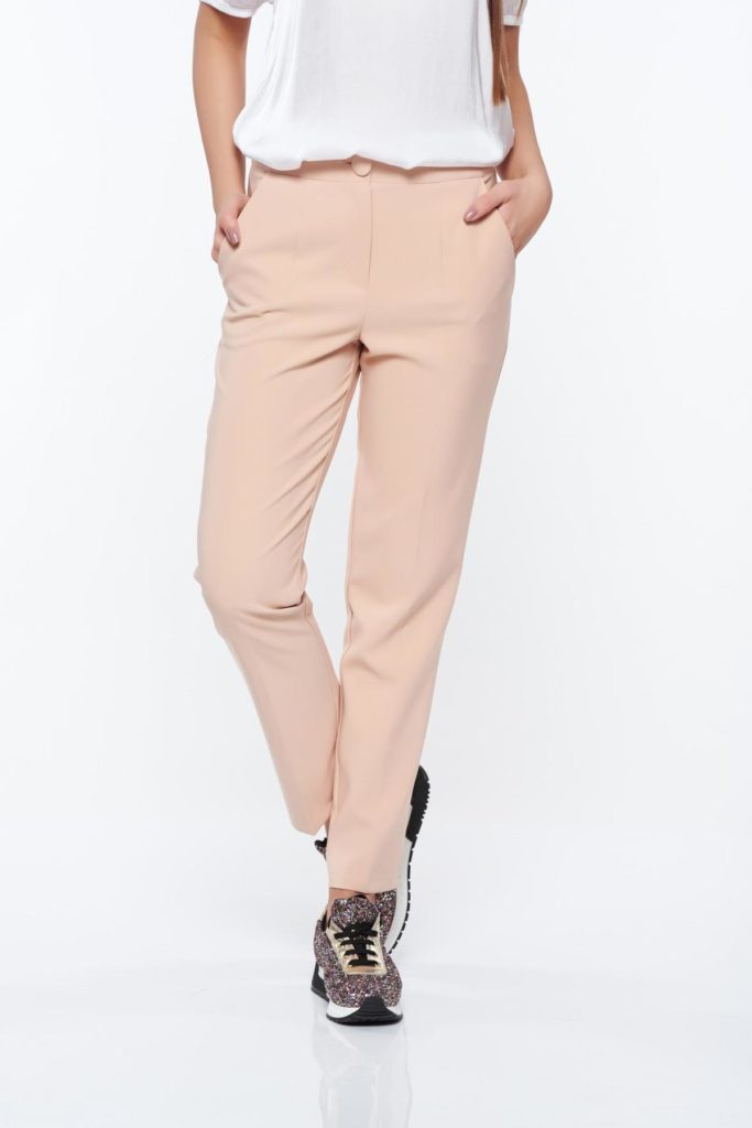 Pantaloni Artista rosa office conici cu talie medie din stofa usor elastica cu buzunare pentru femei cochete si elegante