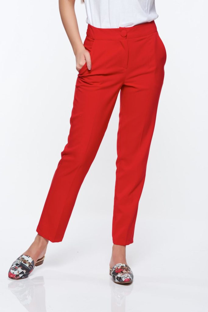 Pantaloni Artista rosii office conici cu talie medie din stofa usor elastica cu buzunare pentru femei cochete si elegante