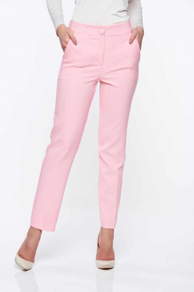 Pantaloni Artista roz din stofa usor elastica cu pentru office cu croiala conica si talie medie – Pantaloni.talya.ro