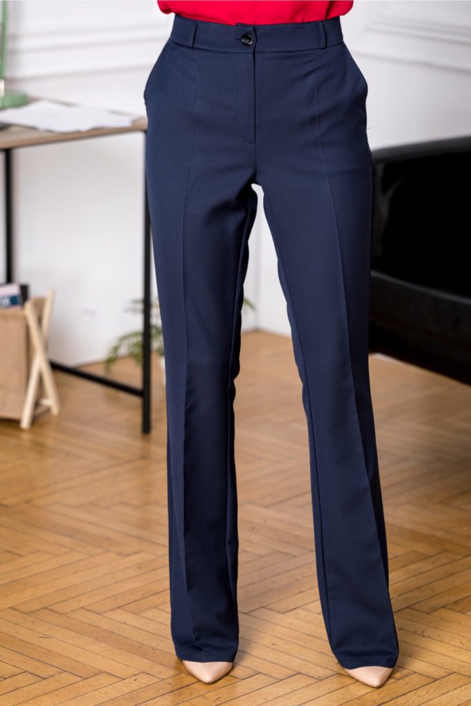 Pantaloni bleumarin office cu Talie medie si Design cu dungi cu Buzunare discrete si Aspect conic Leticia