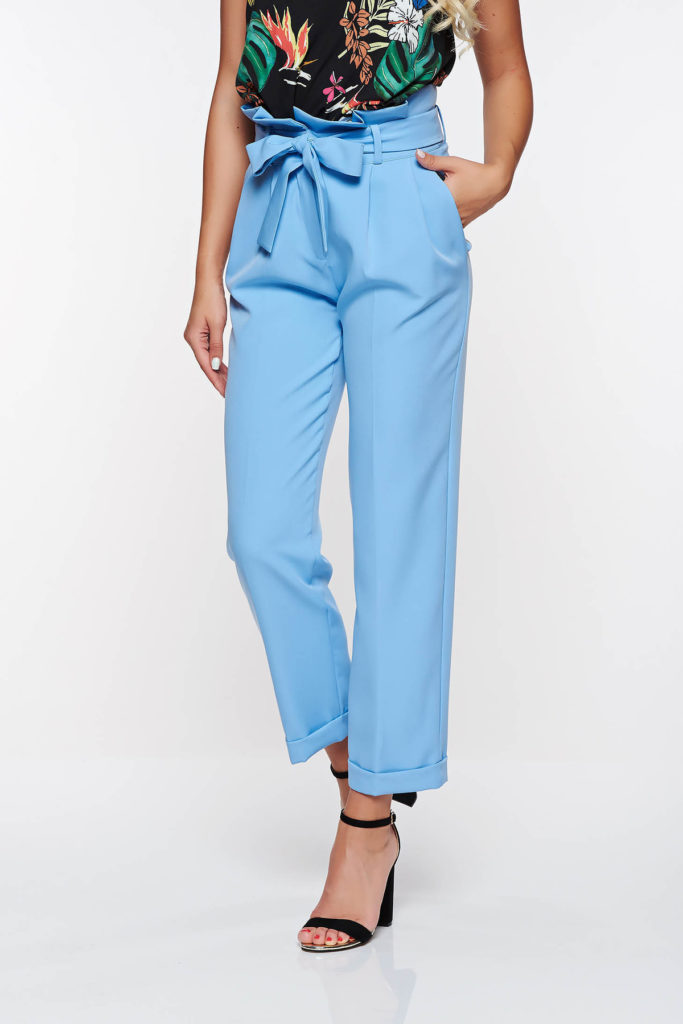 Pantaloni office cu talie inalta albastru deschis cu croi drept din material de grosime medie fin si vaporos PrettyGirl