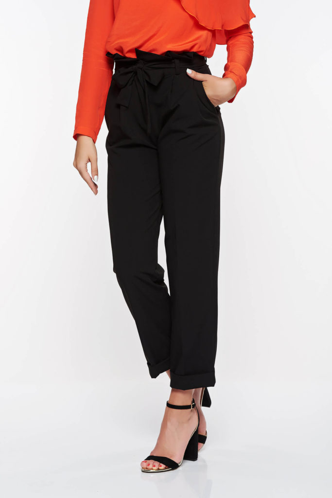 Pantaloni negri office moderni cu croi drept si talie inalta din material de grosime medie PrettyGirl