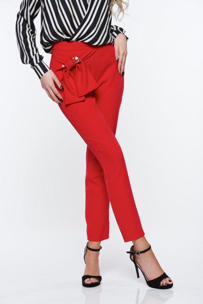 Pantaloni rosii stilati de damă confecționați din tesatura vaporoasă monocromatică de înaltă calitate PrettyGirl