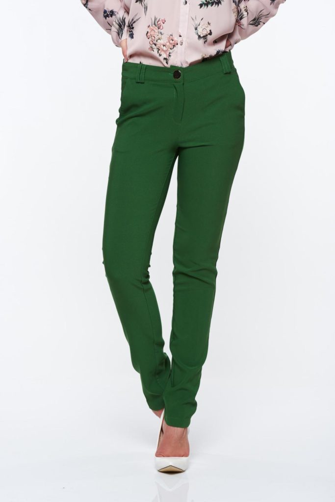 Pantaloni PrettyGirl verzi eleganti conici cu talie medie din material usor elastic cu buzunare pentru femei cochete si elegante