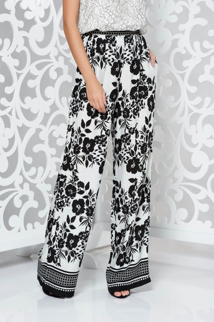 Pantaloni StarShinerS negri casual cu talie inalta evazati din material vaporos cu buzunare pentru femei cochete si elegante