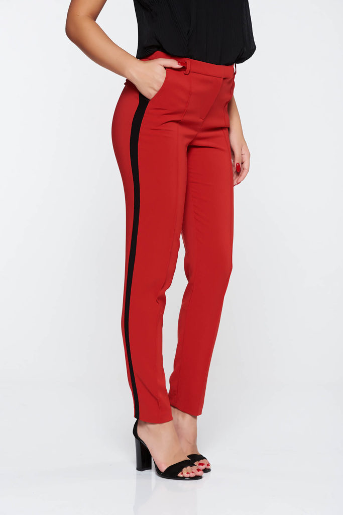 Pantaloni StarShinerS rosii office conici cu talie medie din stofa subtire usor elastica cu buzunare pentru femei cochete si elegante