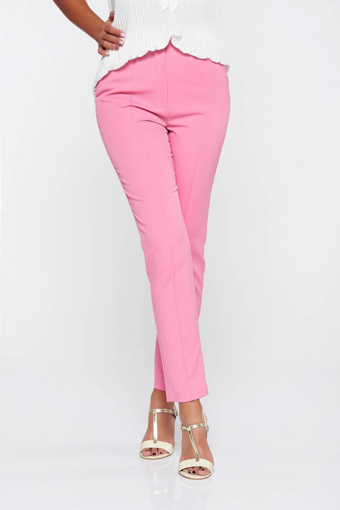 Pantaloni roz eleganti sau office cu croi conic cu talie medie si buzunare laterale fabricati din stofa usor elastica StarShinerS