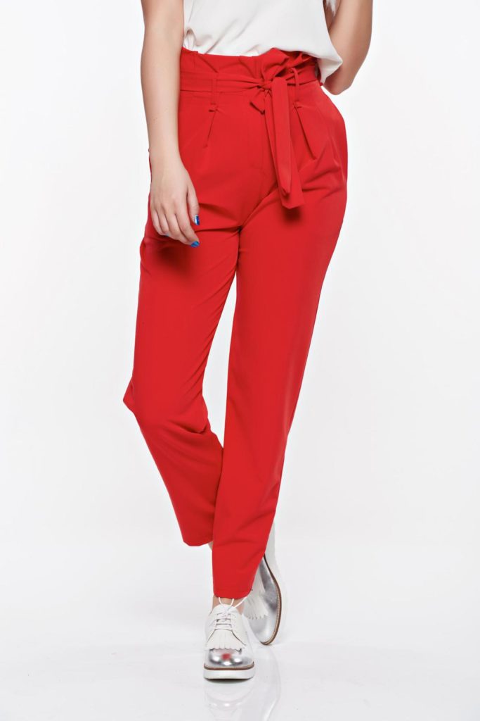 Pantaloni SunShine rosii casual cu talie inalta din material usor elastic cu buzunare pentru femei cochete si elegante
