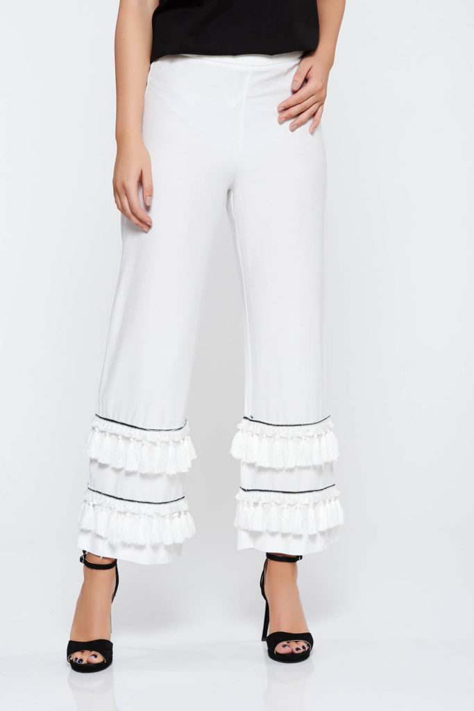 Pantaloni albi eleganti cu talie inalta din material neelastic cu ciucuri pentru femei cochete si elegante