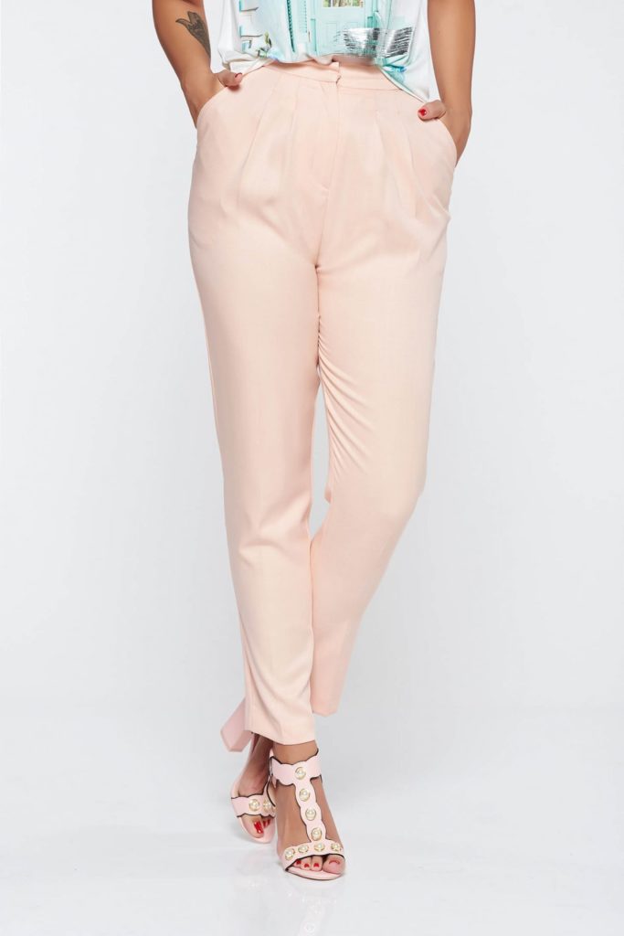 Pantaloni piersica conici din material neelastic cu talie inalta si cu buzunare pentru femei cochete si elegante