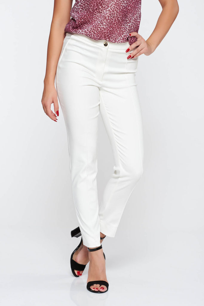 Pantaloni LaDonna albi conici eleganti din stofa subtire cu talie medie prevazuti cu buzunare laterale