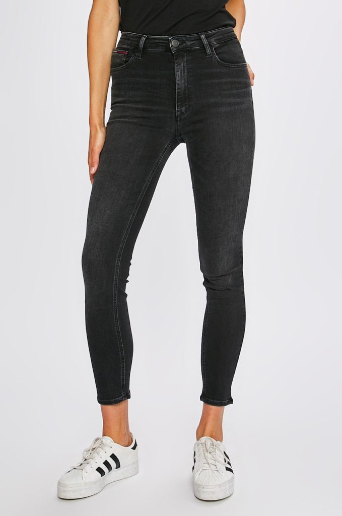 Jeansi originali Tommy Jeans negri cu croiala skinny si talia medie realizati din denim ceruit